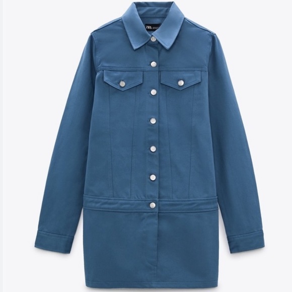 NWT ZARA Blue Coated Denim Button Down Utility Mini Dress Sz M - Picture 3 of 10